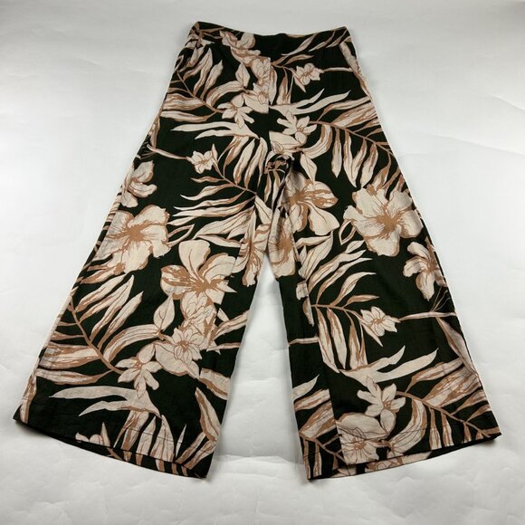 Rachel Zoe Pants - Rachel Zoe Dark Olive Tan Tropical Print Linen Blend Wide Leg Pant M